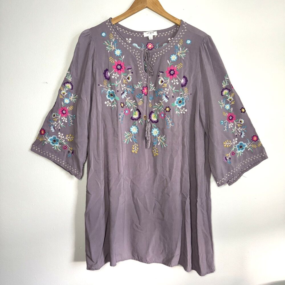 Umgee Dress Womens Large Dusty Lilac Embroidered Flowers Hippie Boho Peasant